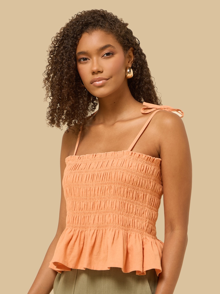Smocked Strappy Linen Blend Top