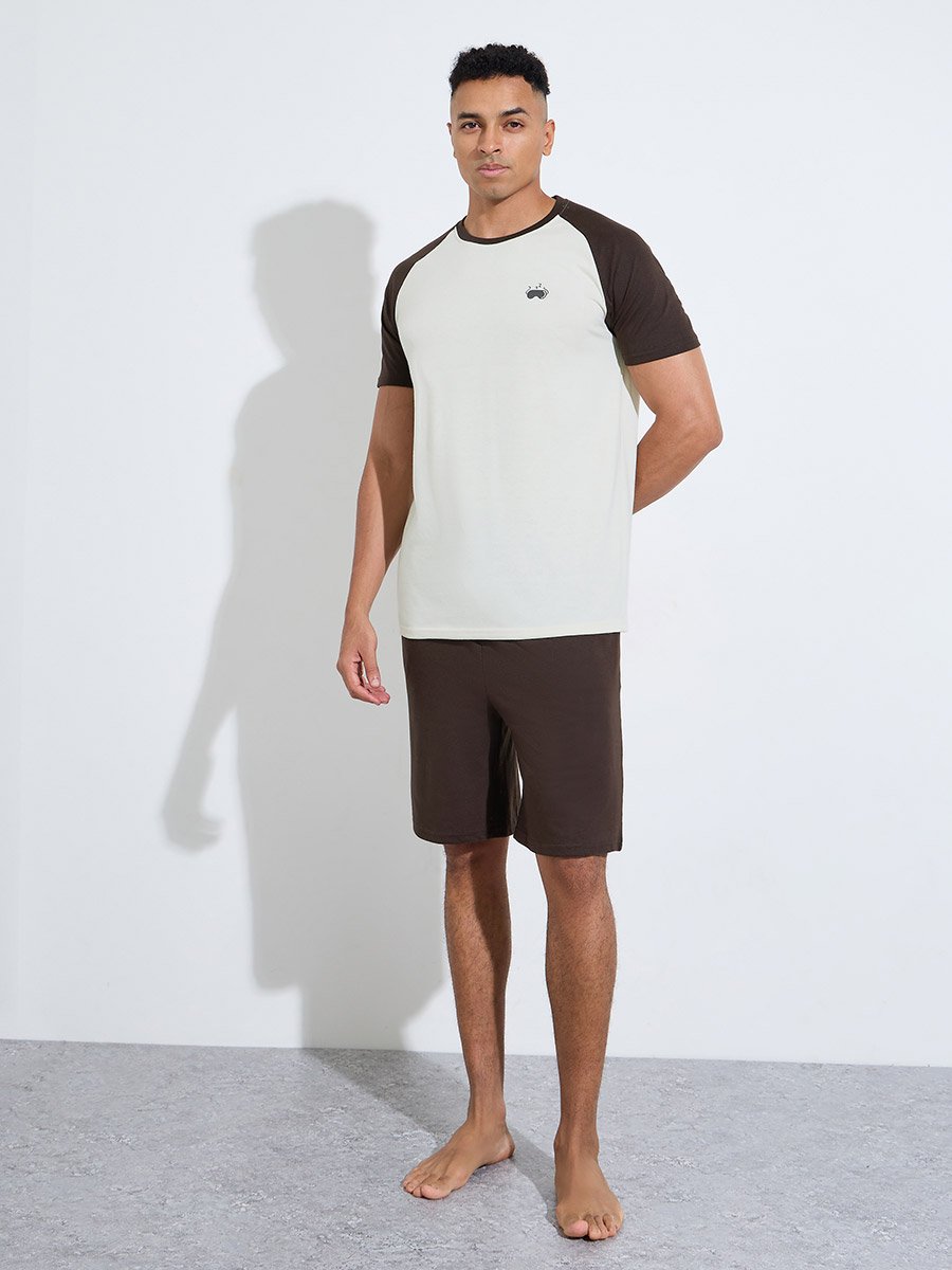 Brown Color Block Raglan Sleeves T-Shirt and Shorts Pyjama Set