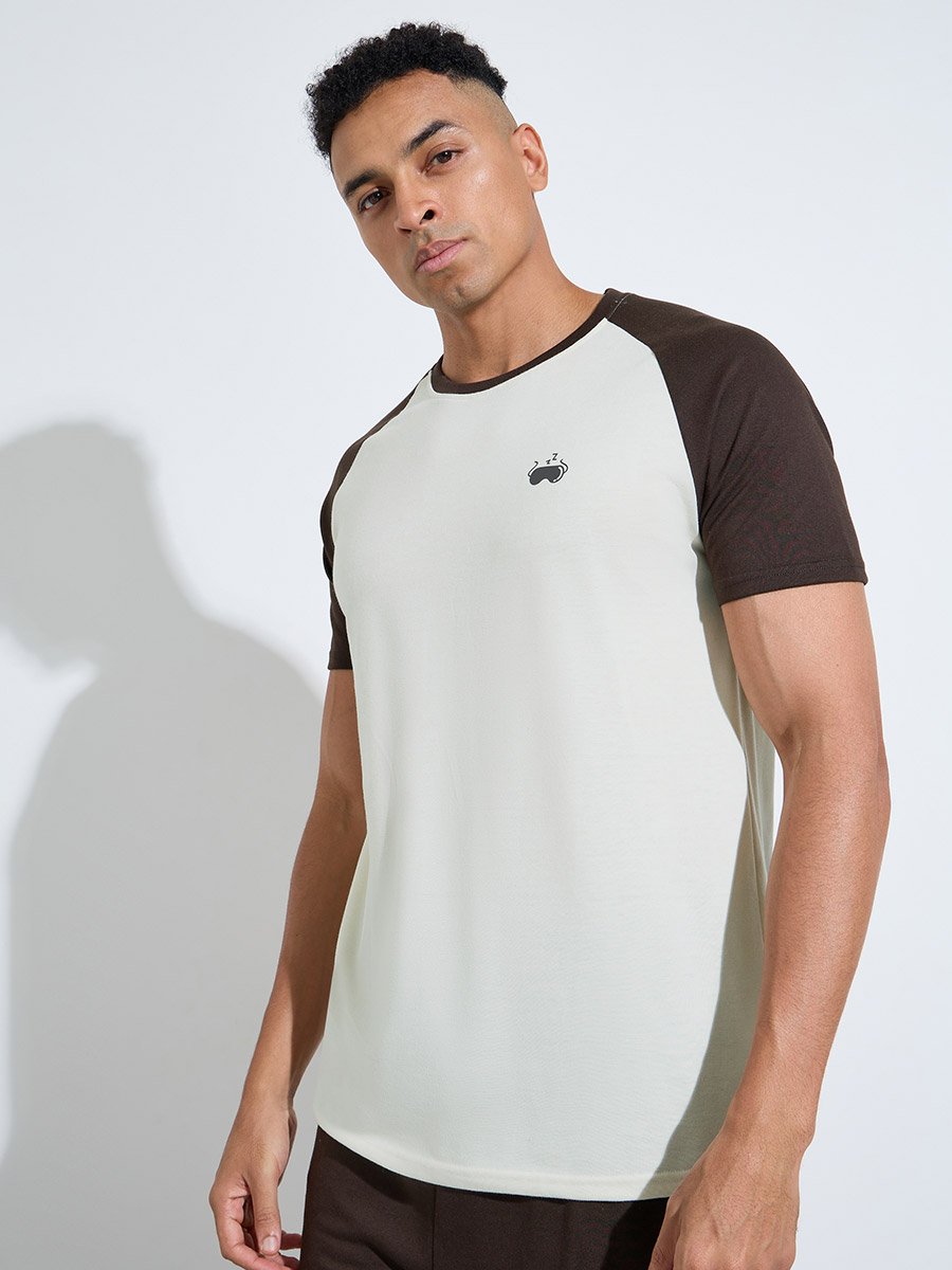 Brown Color Block Raglan Sleeves T-Shirt and Shorts Pyjama Set
