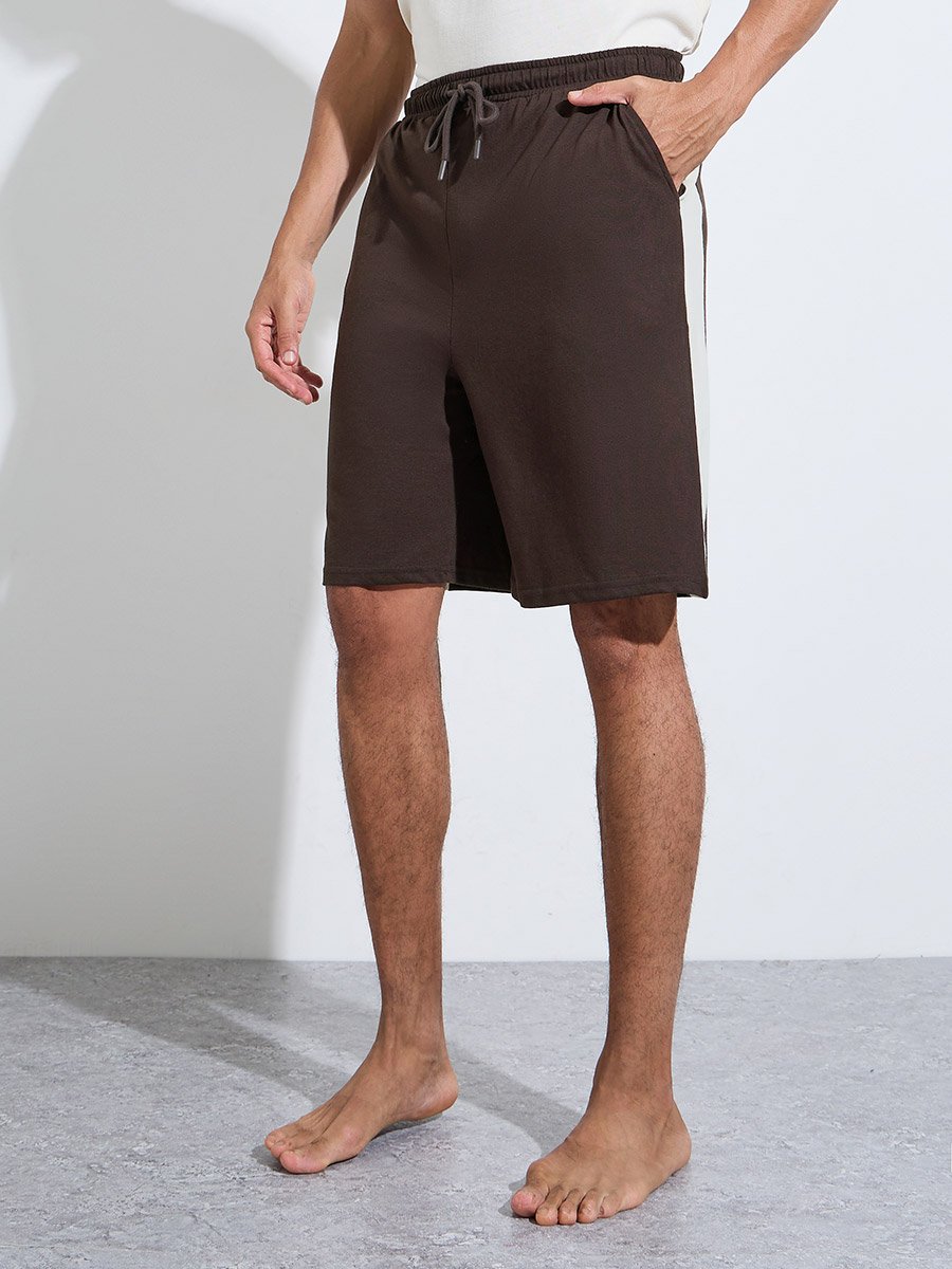 Brown Color Block Raglan Sleeves T-Shirt and Shorts Pyjama Set