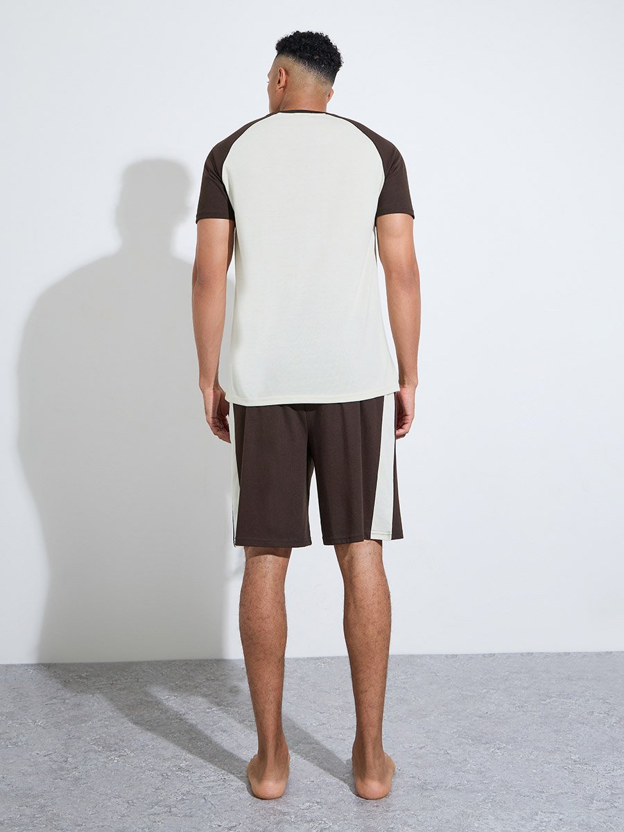 Brown Color Block Raglan Sleeves T-Shirt and Shorts Pyjama Set
