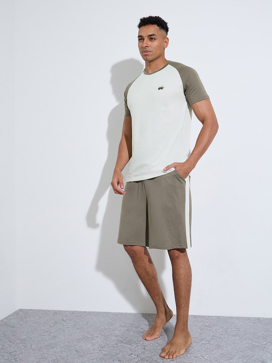 Olive Color Block Raglan Sleeves T-Shirt and Shorts Pyjama Set