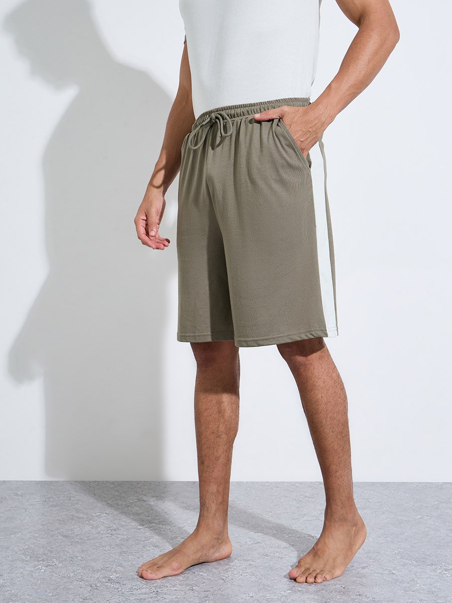Olive Color Block Raglan Sleeves T-Shirt and Shorts Pyjama Set