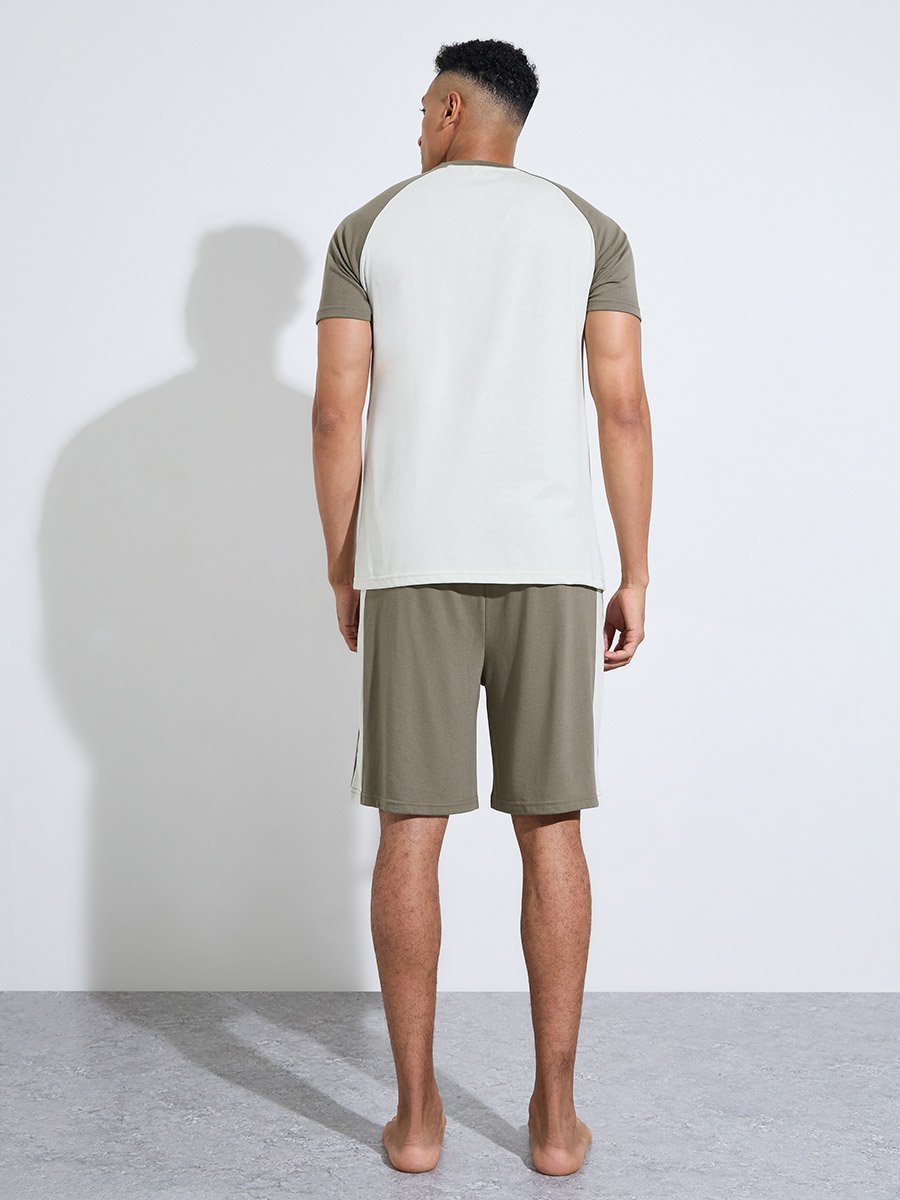 Olive Color Block Raglan Sleeves T-Shirt and Shorts Pyjama Set