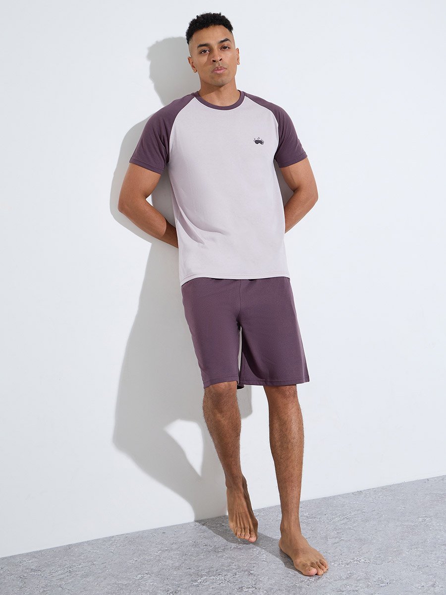 Purple Color Block Raglan Sleeves T-Shirt and Shorts Pyjama Set
