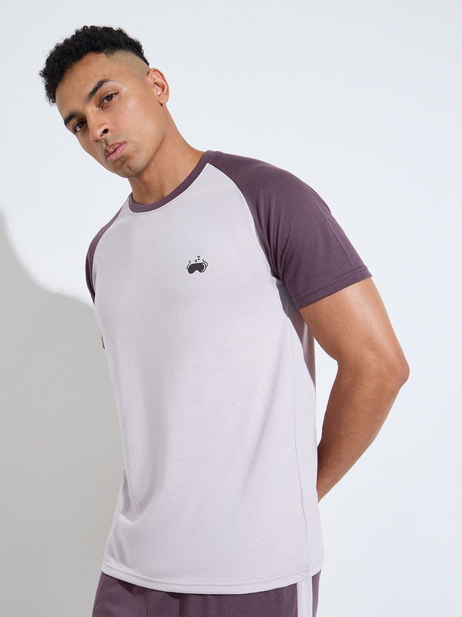 Purple Color Block Raglan Sleeves T-Shirt and Shorts Pyjama Set