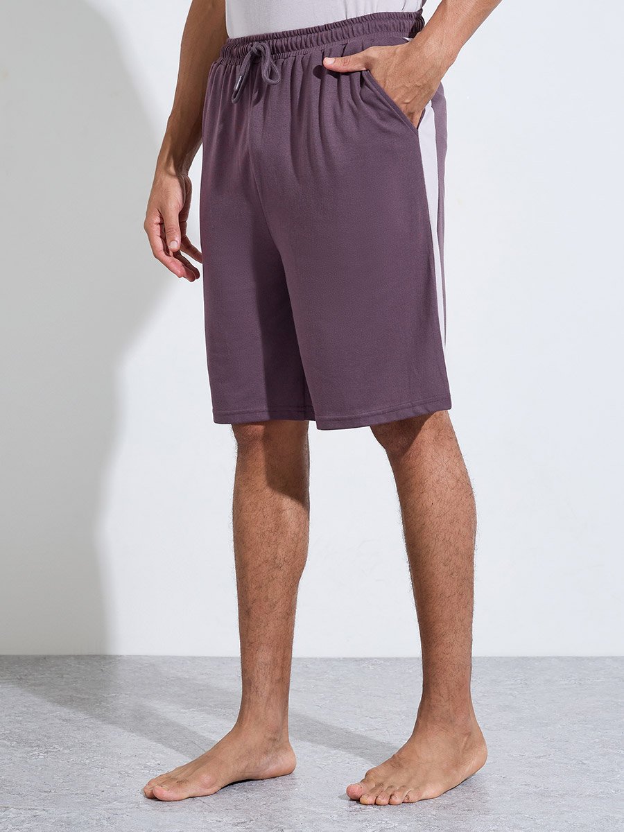 Purple Color Block Raglan Sleeves T-Shirt and Shorts Pyjama Set