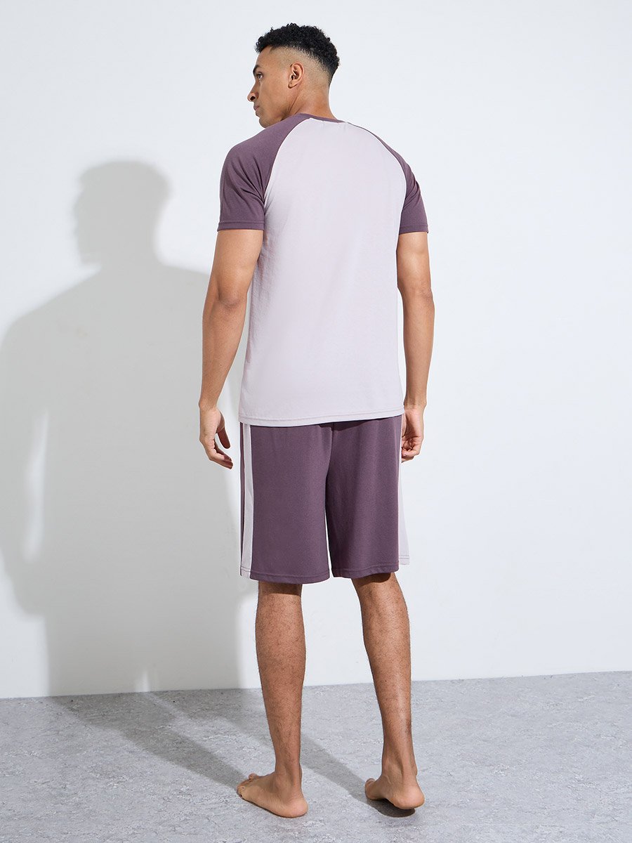 Purple Color Block Raglan Sleeves T-Shirt and Shorts Pyjama Set