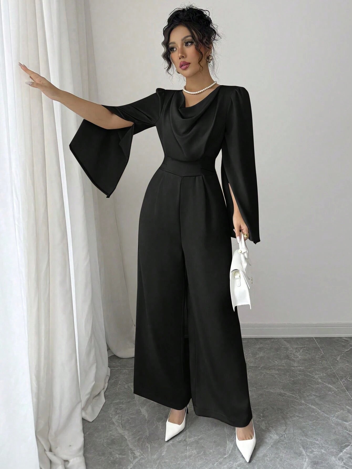 Black Plain Wide-Leg Jumpsuit