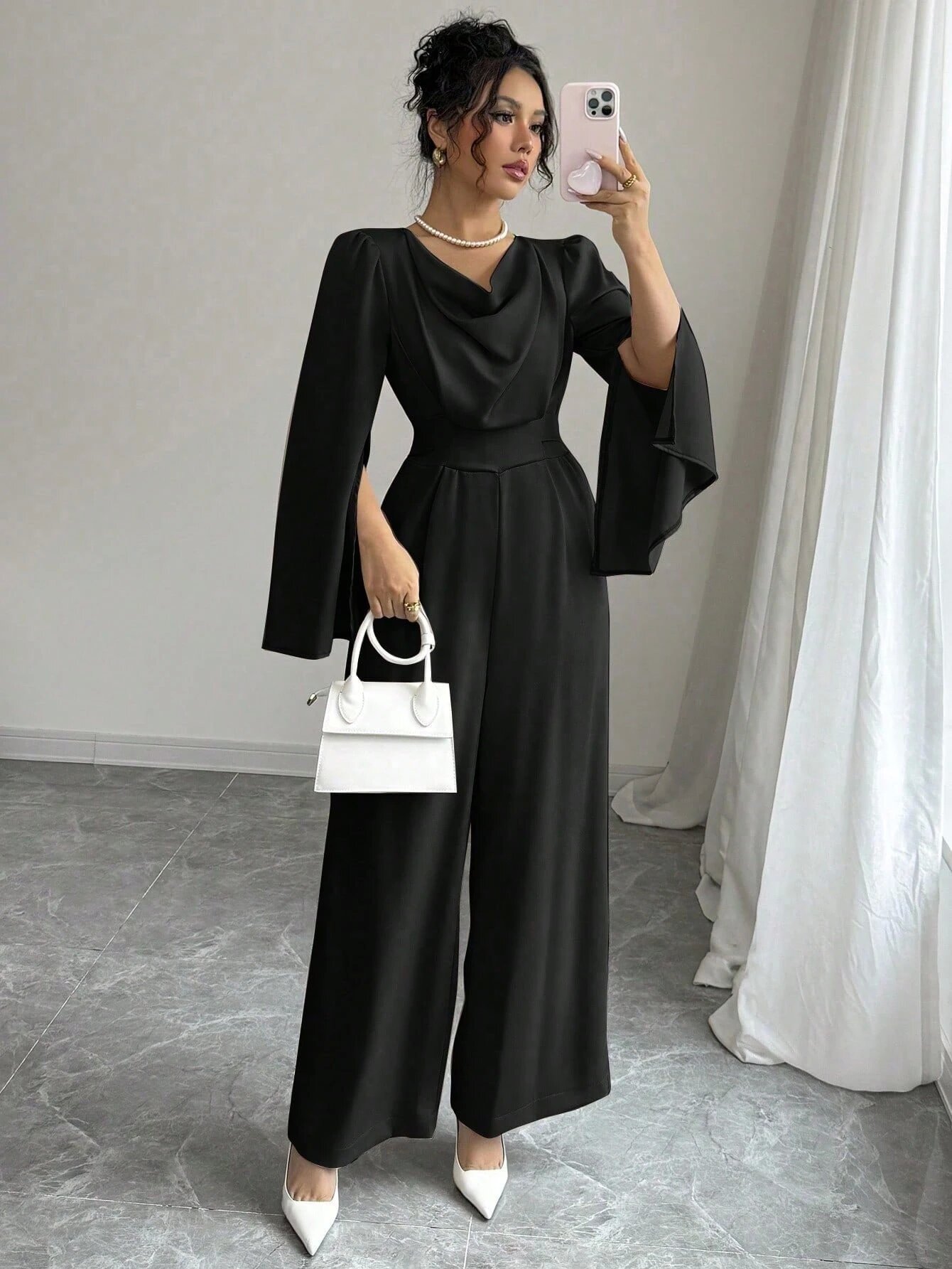Black Plain Wide-Leg Jumpsuit