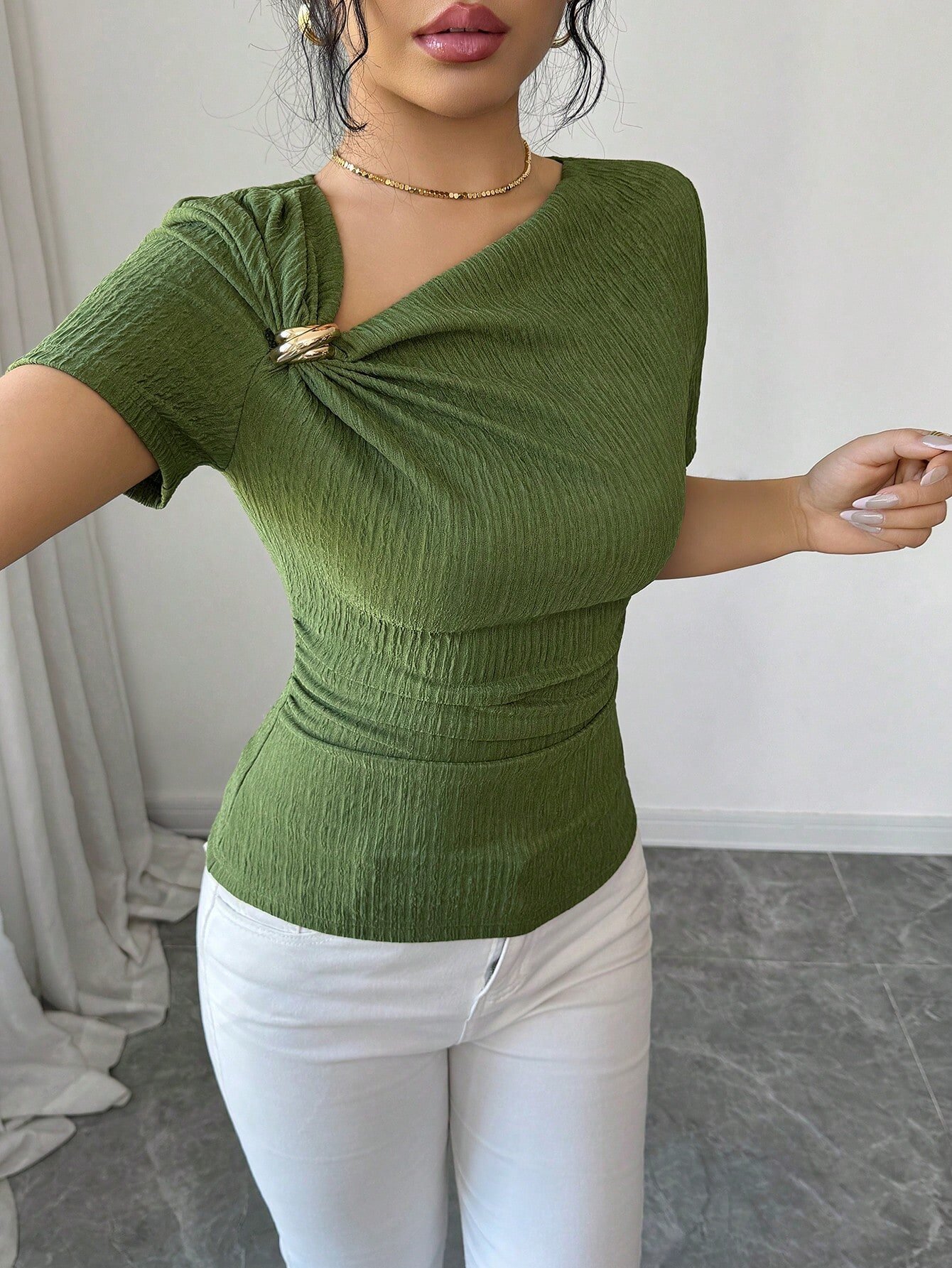  Green Short Sleeve Knit Top with Asymmetrical Ring Detail