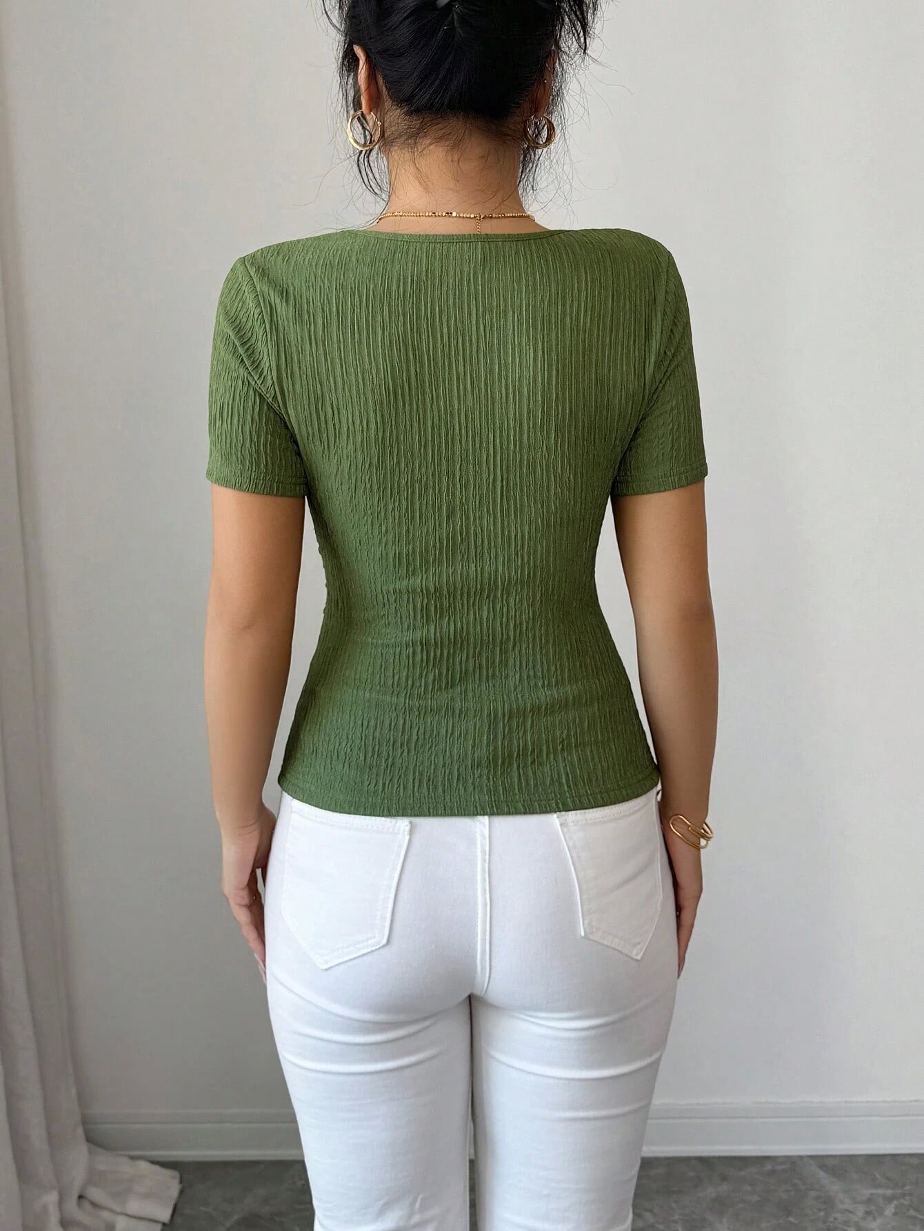  Green Short Sleeve Knit Top with Asymmetrical Ring Detail