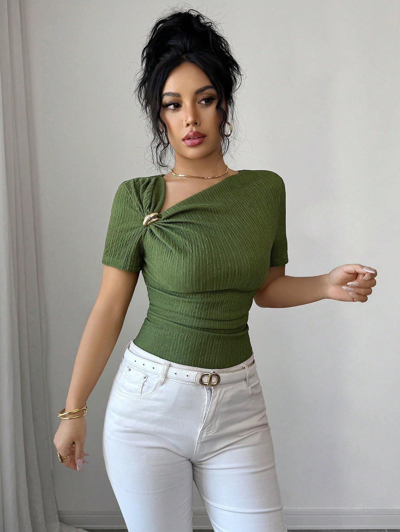  Green Short Sleeve Knit Top with Asymmetrical Ring Detail