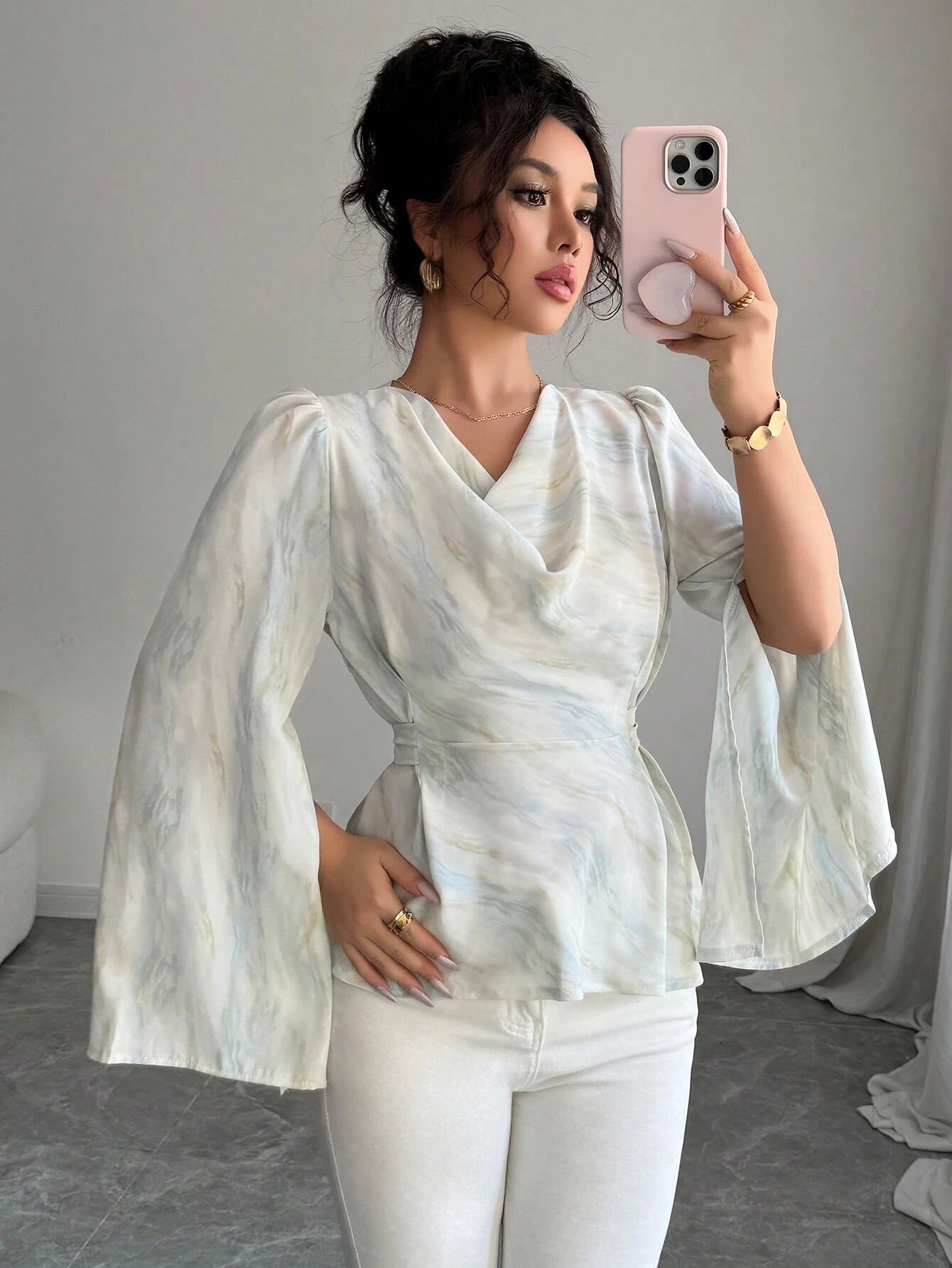  Marble Print Draped Blouse with Bell Sleeves