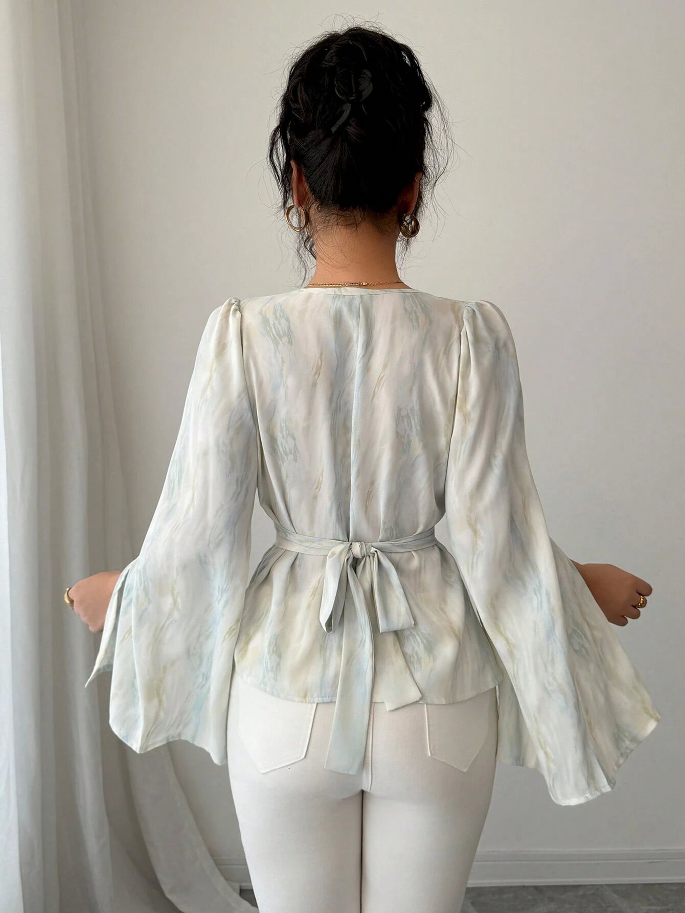  Marble Print Draped Blouse with Bell Sleeves