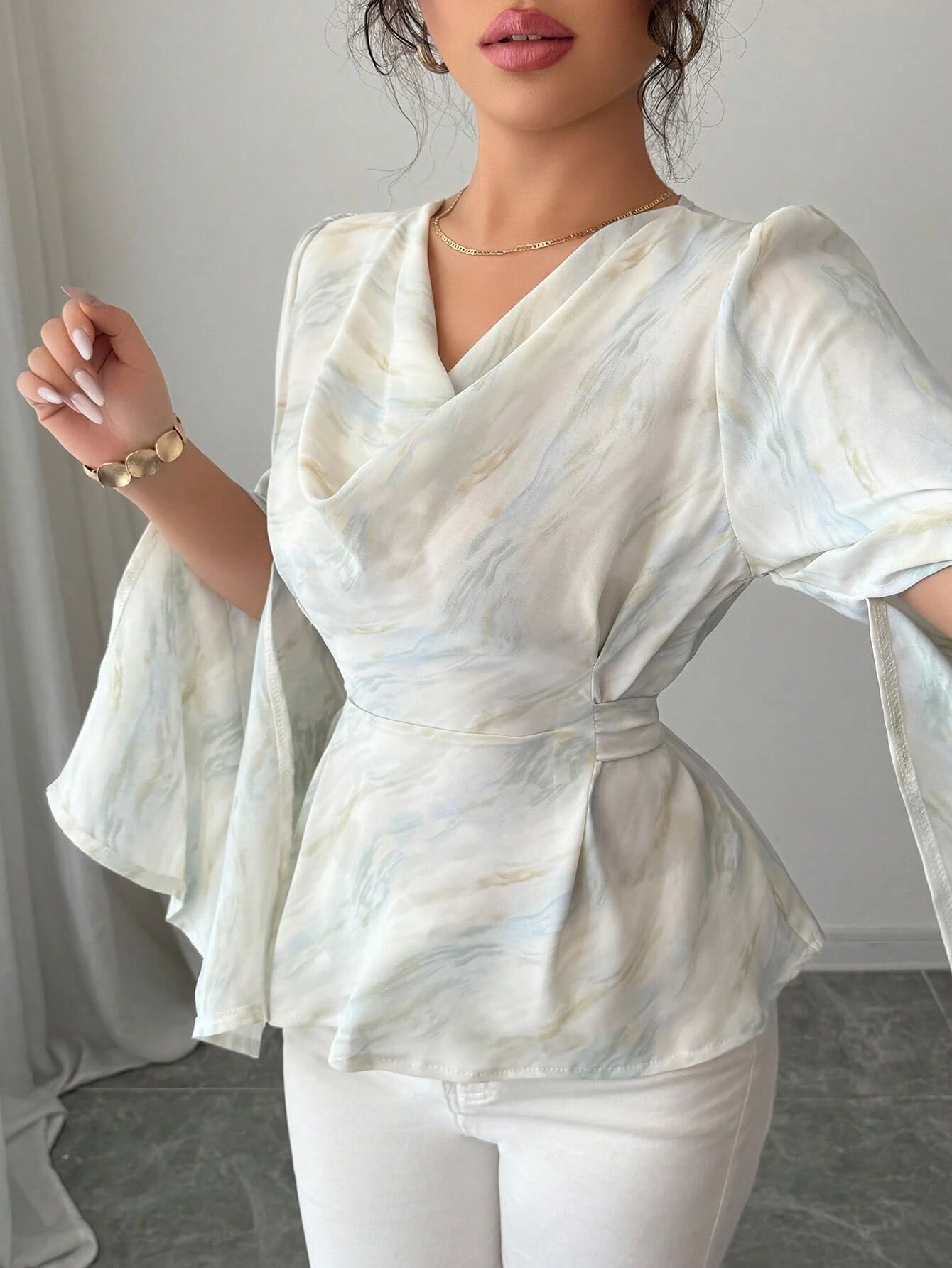  Marble Print Draped Blouse with Bell Sleeves
