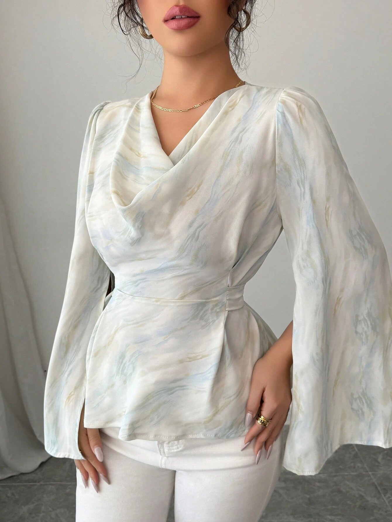  Marble Print Draped Blouse with Bell Sleeves