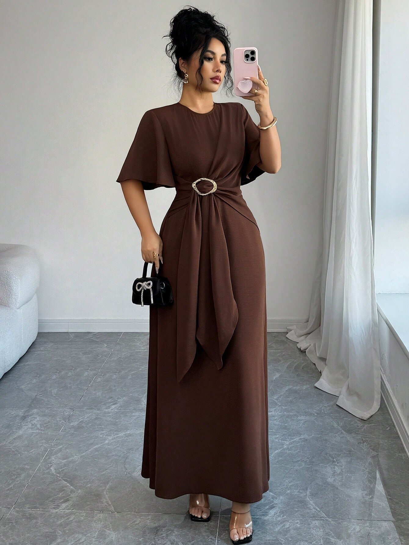 Brown Solid Round Neck A-Line Ankle length Dress