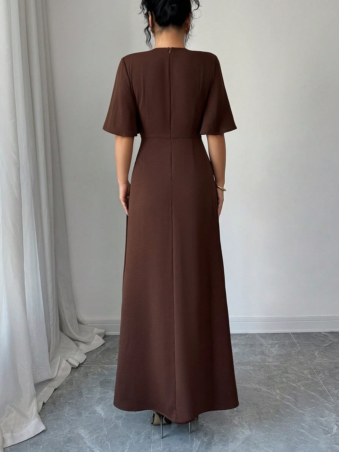 Brown Solid Round Neck A-Line Ankle length Dress