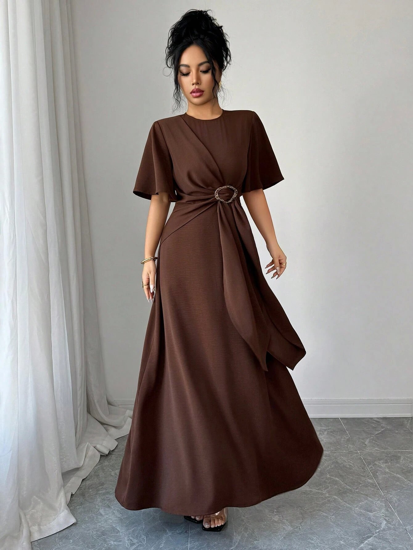Brown Solid Round Neck A-Line Ankle length Dress