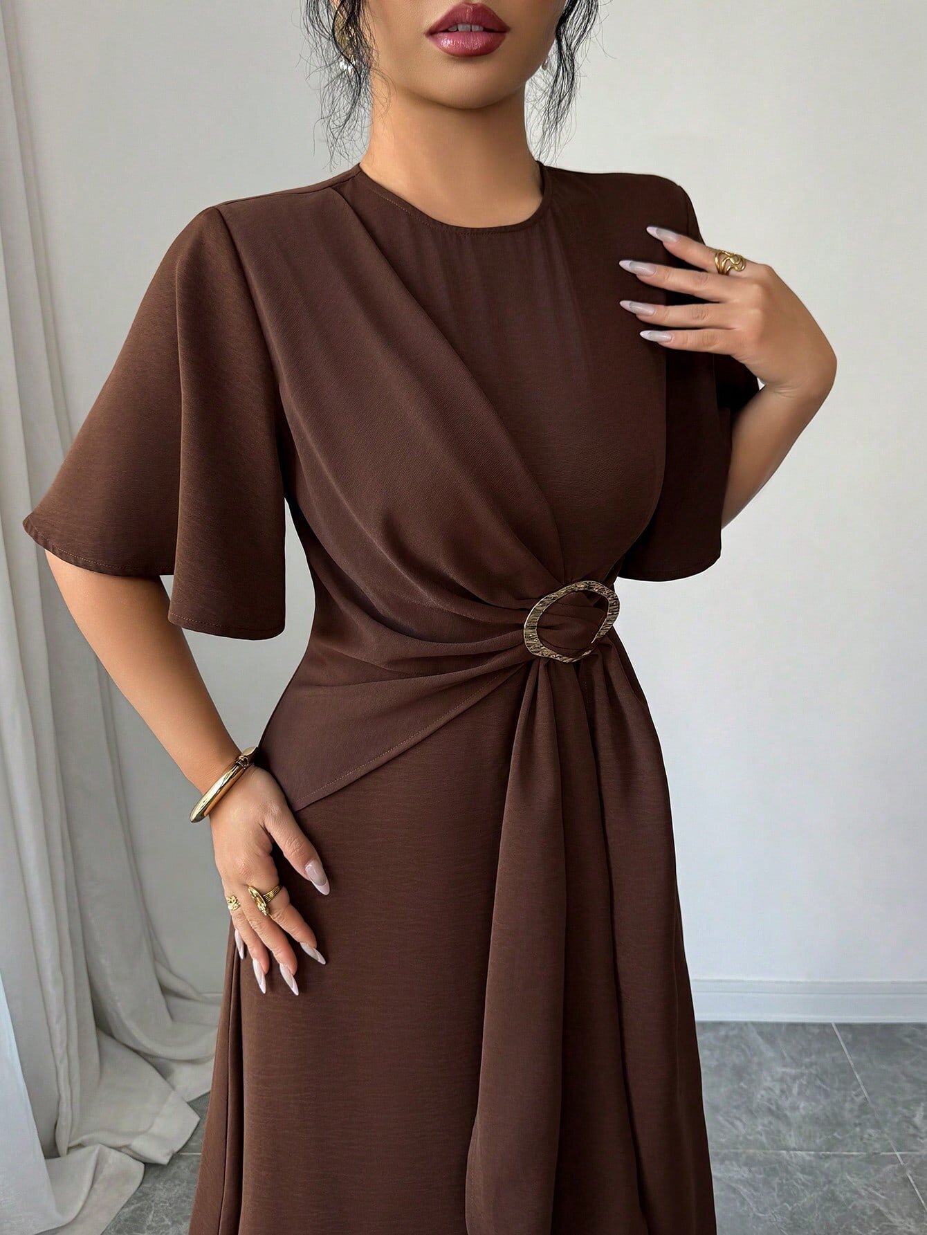 Brown Solid Round Neck A-Line Ankle length Dress