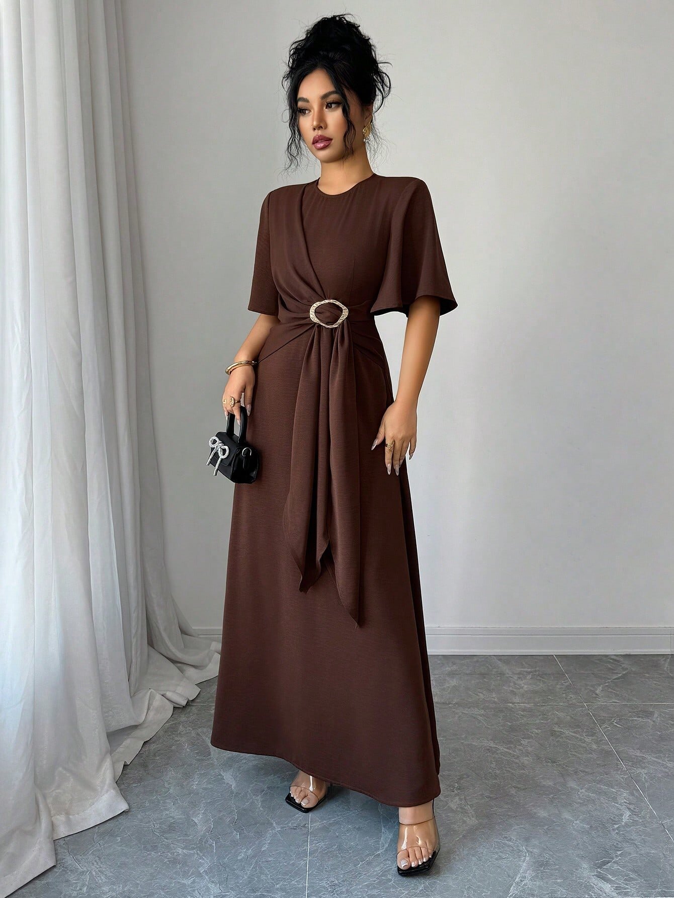Brown Solid Round Neck A-Line Ankle length Dress
