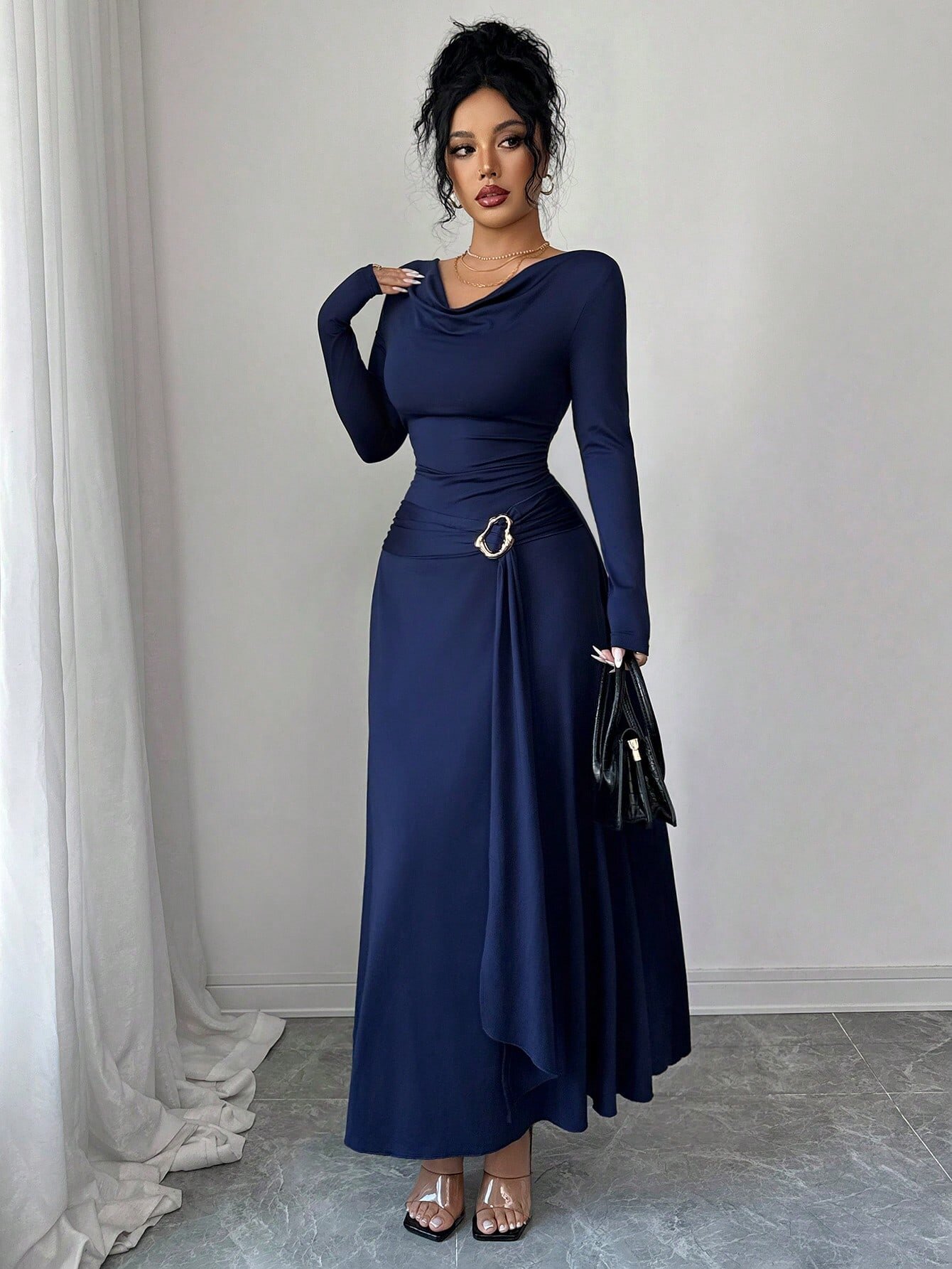 Dark Blue Solid Cowl Neck A-Line Ankle Length Dress