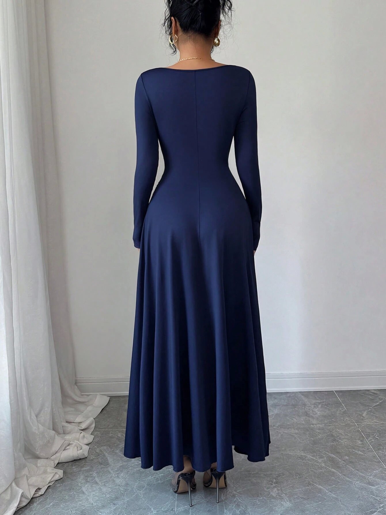 Dark Blue Solid Cowl Neck A-Line Ankle Length Dress