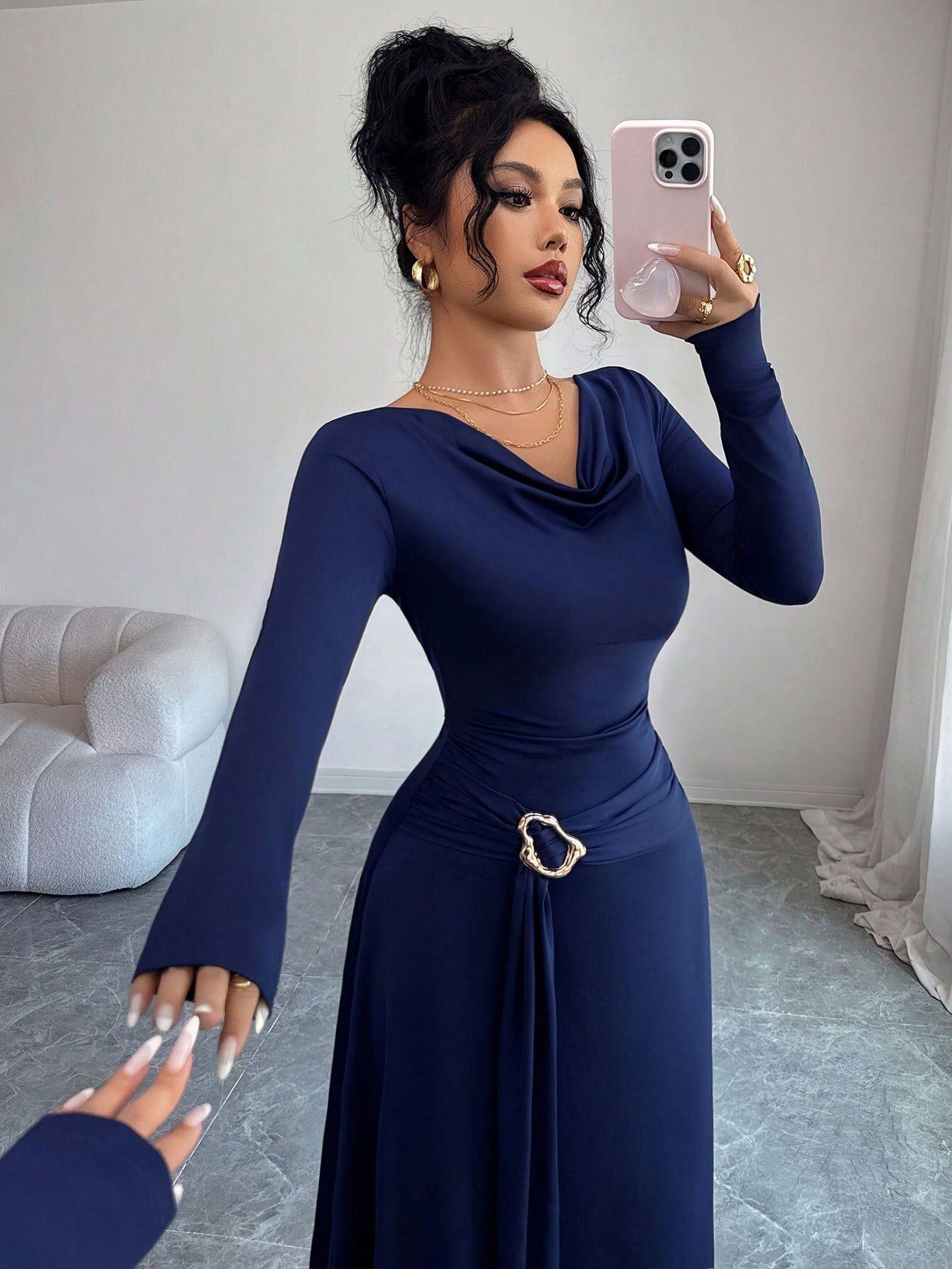 Dark Blue Solid Cowl Neck A-Line Ankle Length Dress