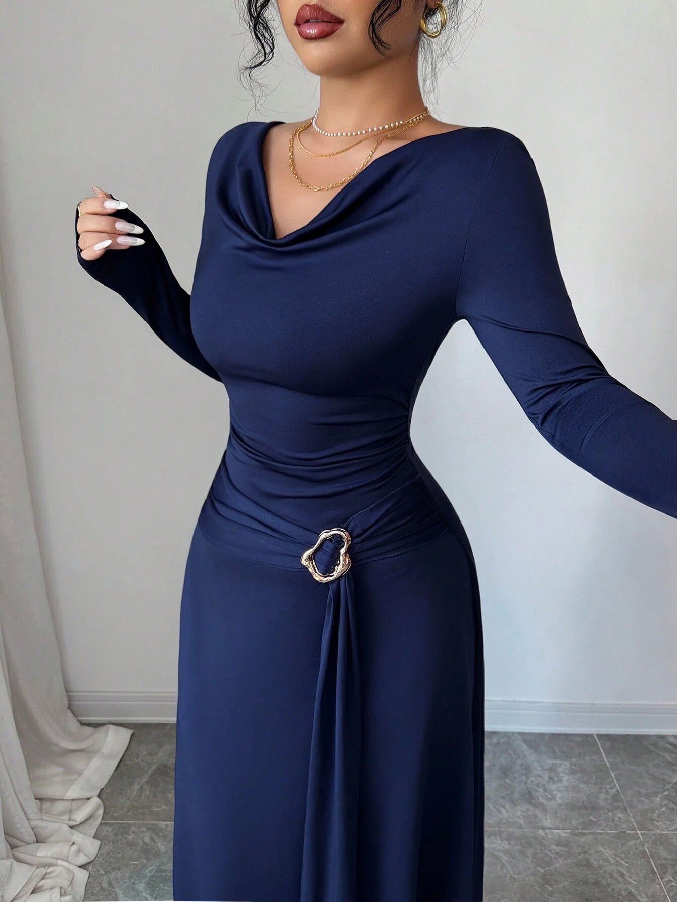 Dark Blue Solid Cowl Neck A-Line Ankle Length Dress