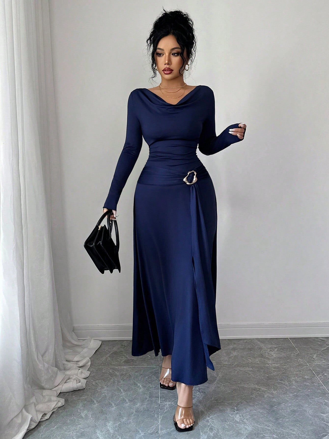 Dark Blue Solid Cowl Neck A-Line Ankle Length Dress