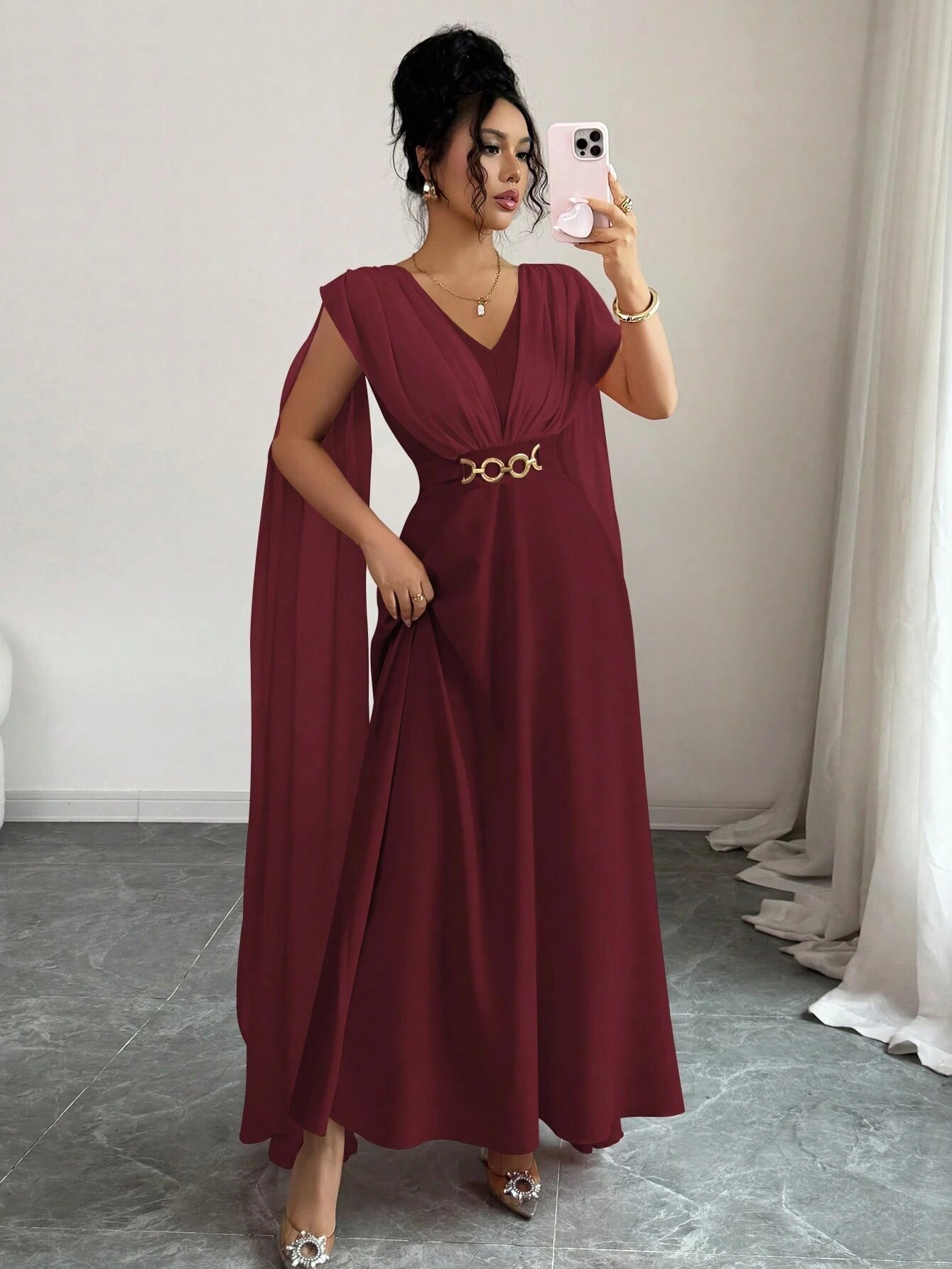 Burgundy Solid V Neck Tea Dress Ankle Length Dress