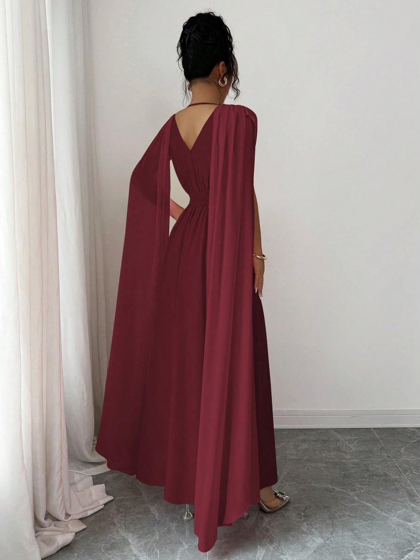 Burgundy Solid V Neck Tea Dress Ankle Length Dress