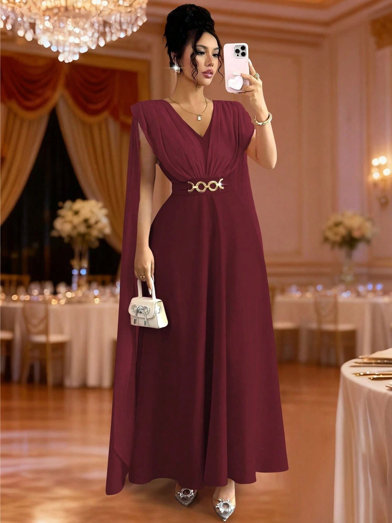 Burgundy Solid V Neck Tea Dress Ankle Length Dress