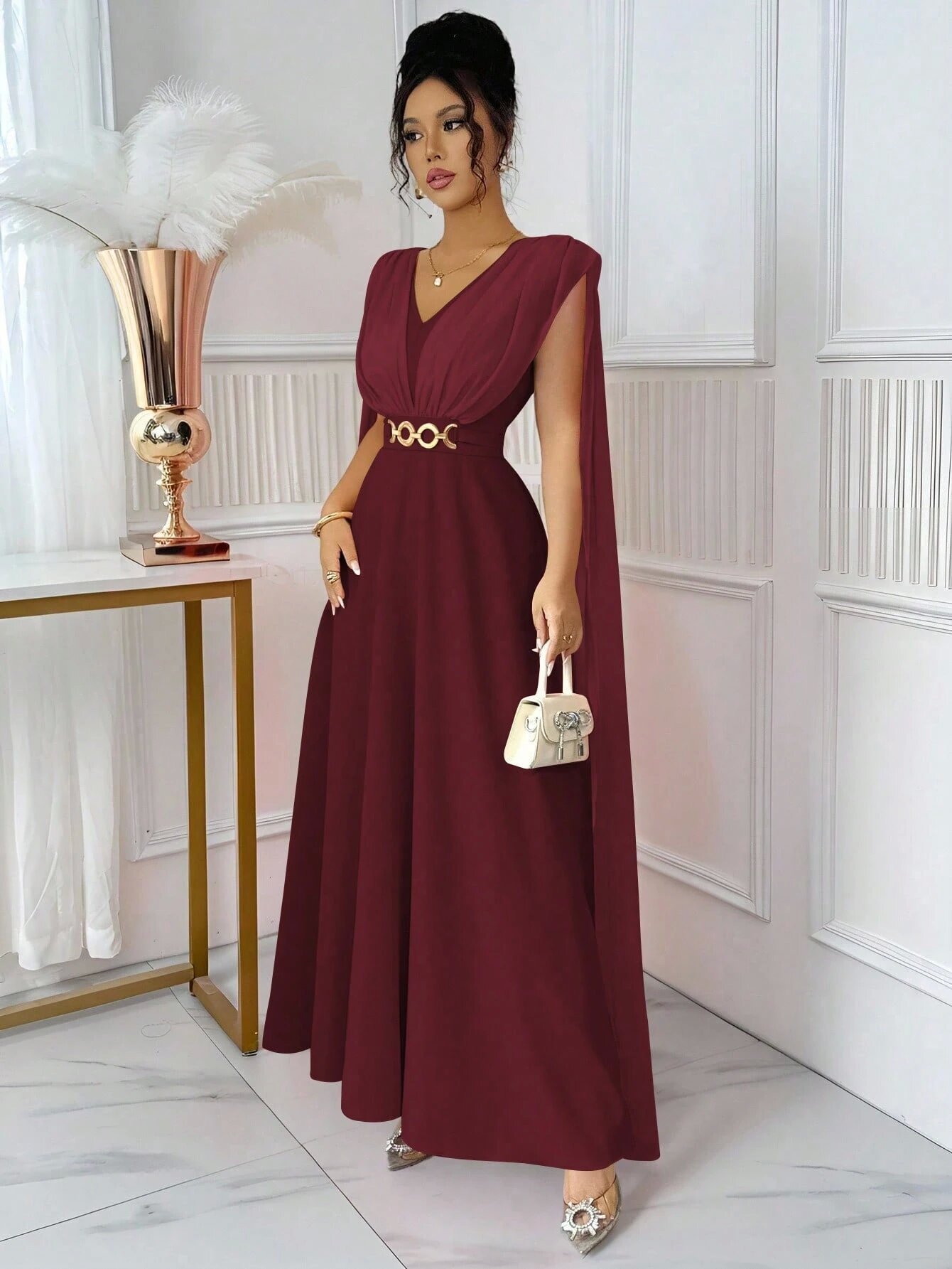 Burgundy Solid V Neck Tea Dress Ankle Length Dress