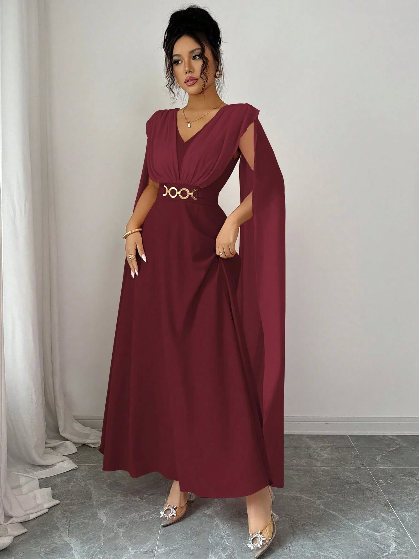 Burgundy Solid V Neck Tea Dress Ankle Length Dress
