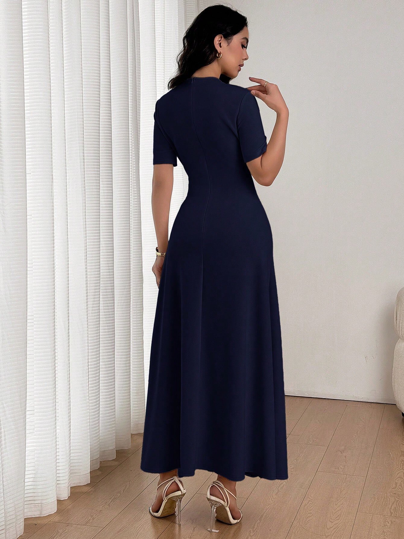 Dark Blue Solid Round Neck A-Line Ankle Length Dress