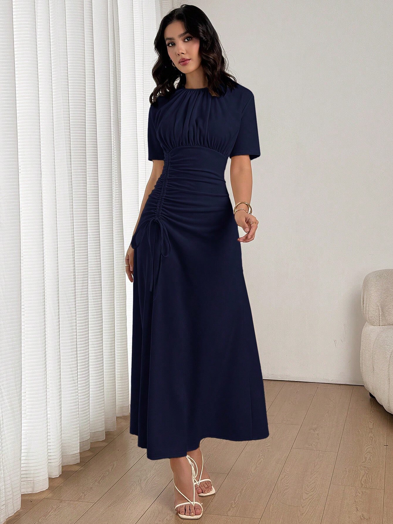 Dark Blue Solid Round Neck A-Line Ankle Length Dress