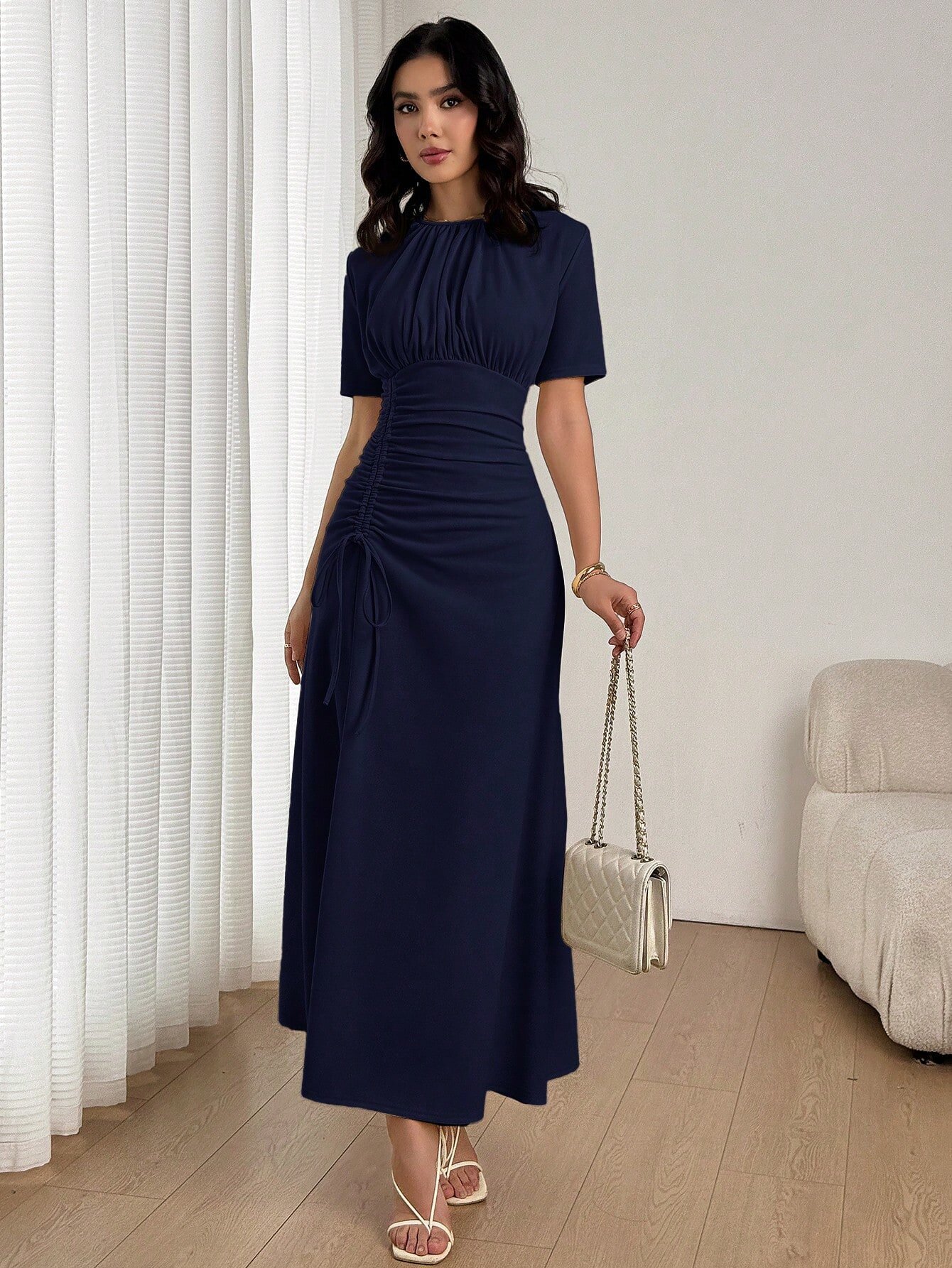 Dark Blue Solid Round Neck A-Line Ankle Length Dress