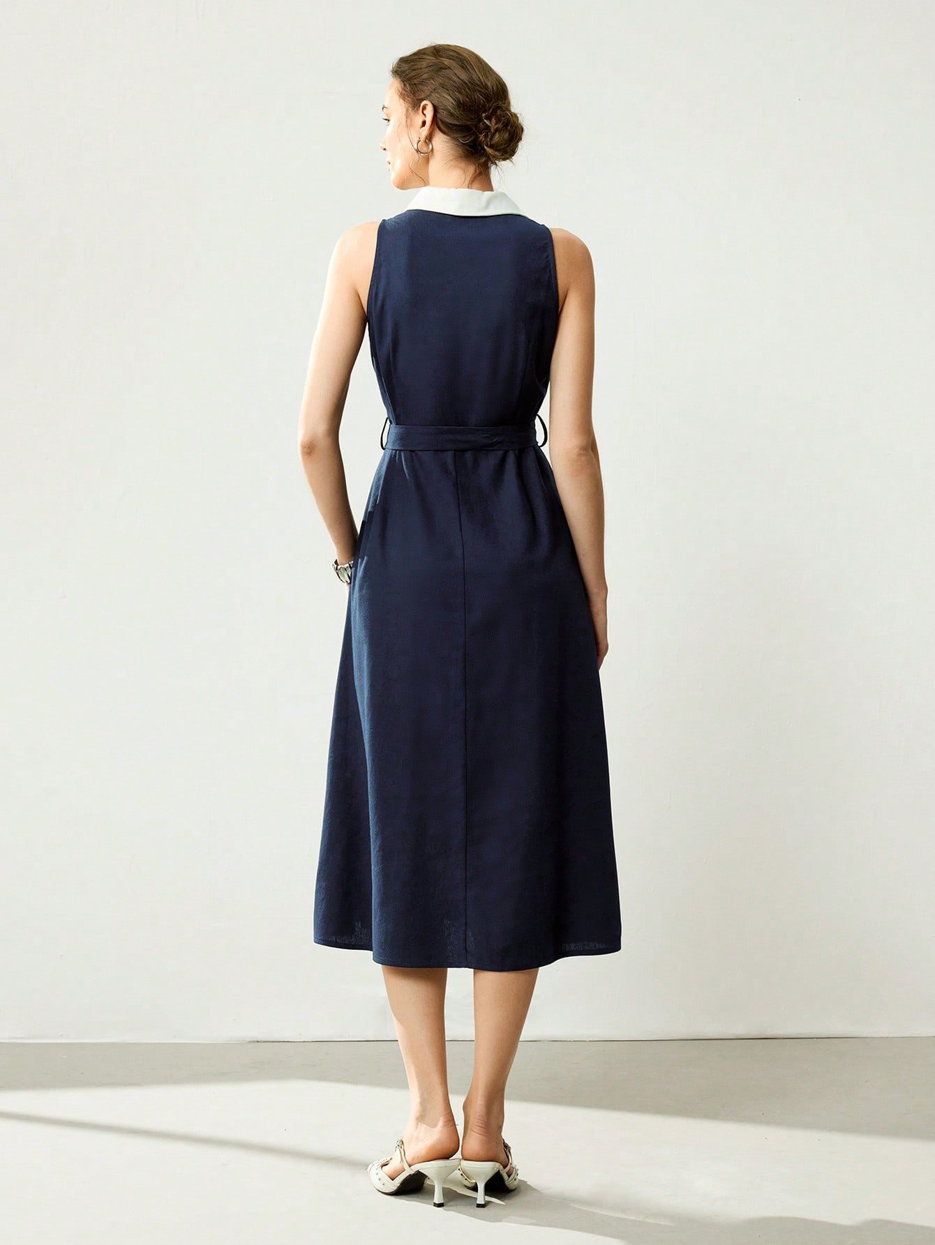 Dark Blue Linen A-Line Sleeveless Midi Dress