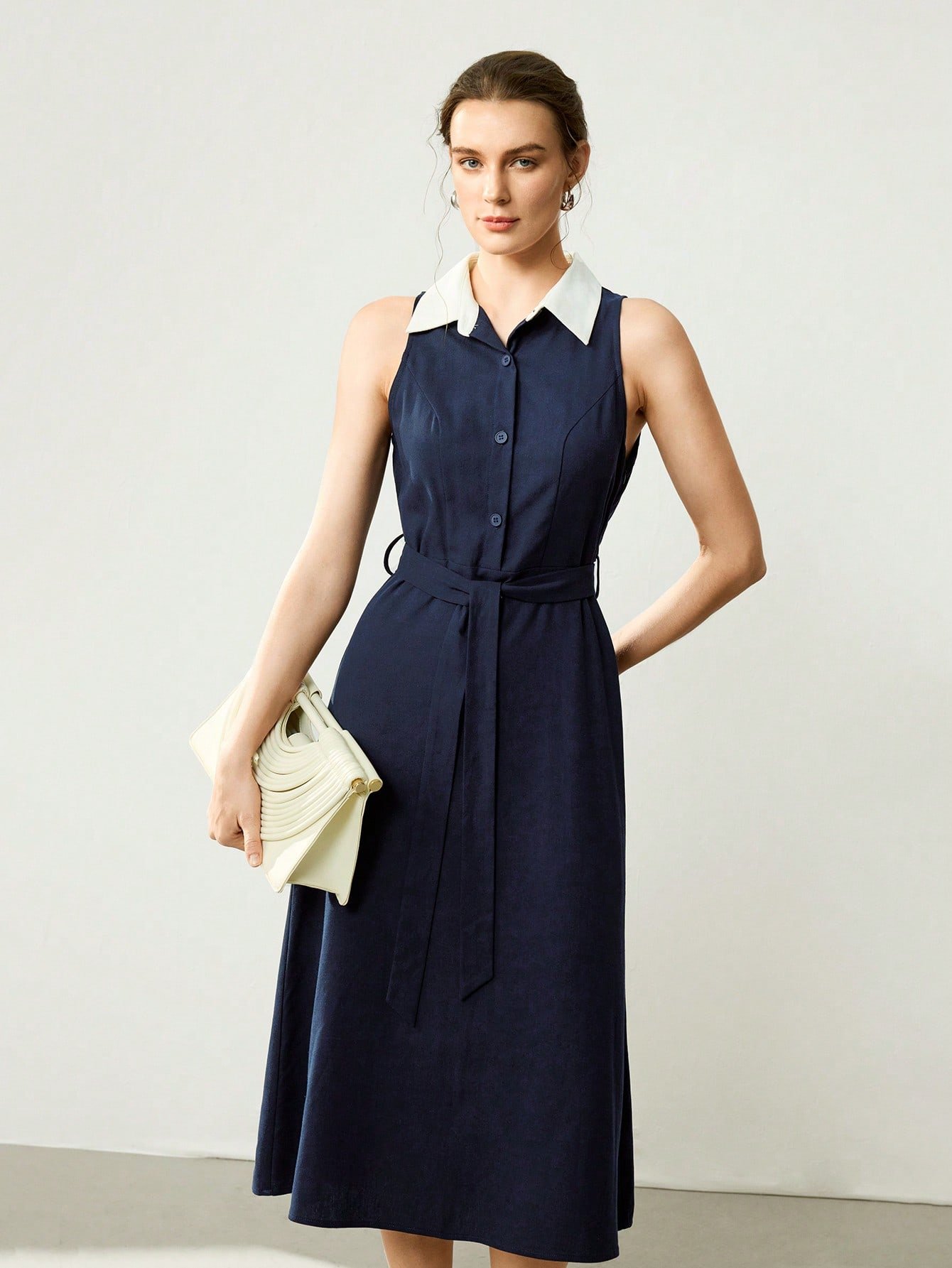 Dark Blue Linen A-Line Sleeveless Midi Dress