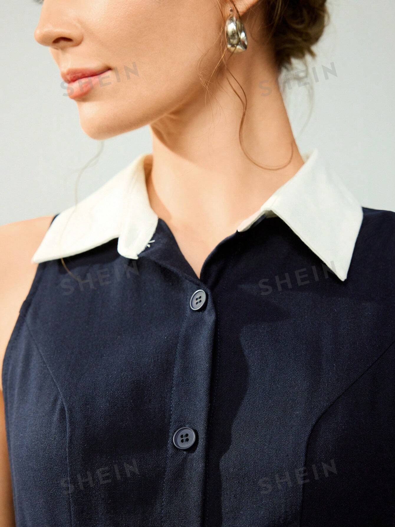 Dark Blue Linen A-Line Sleeveless Midi Dress