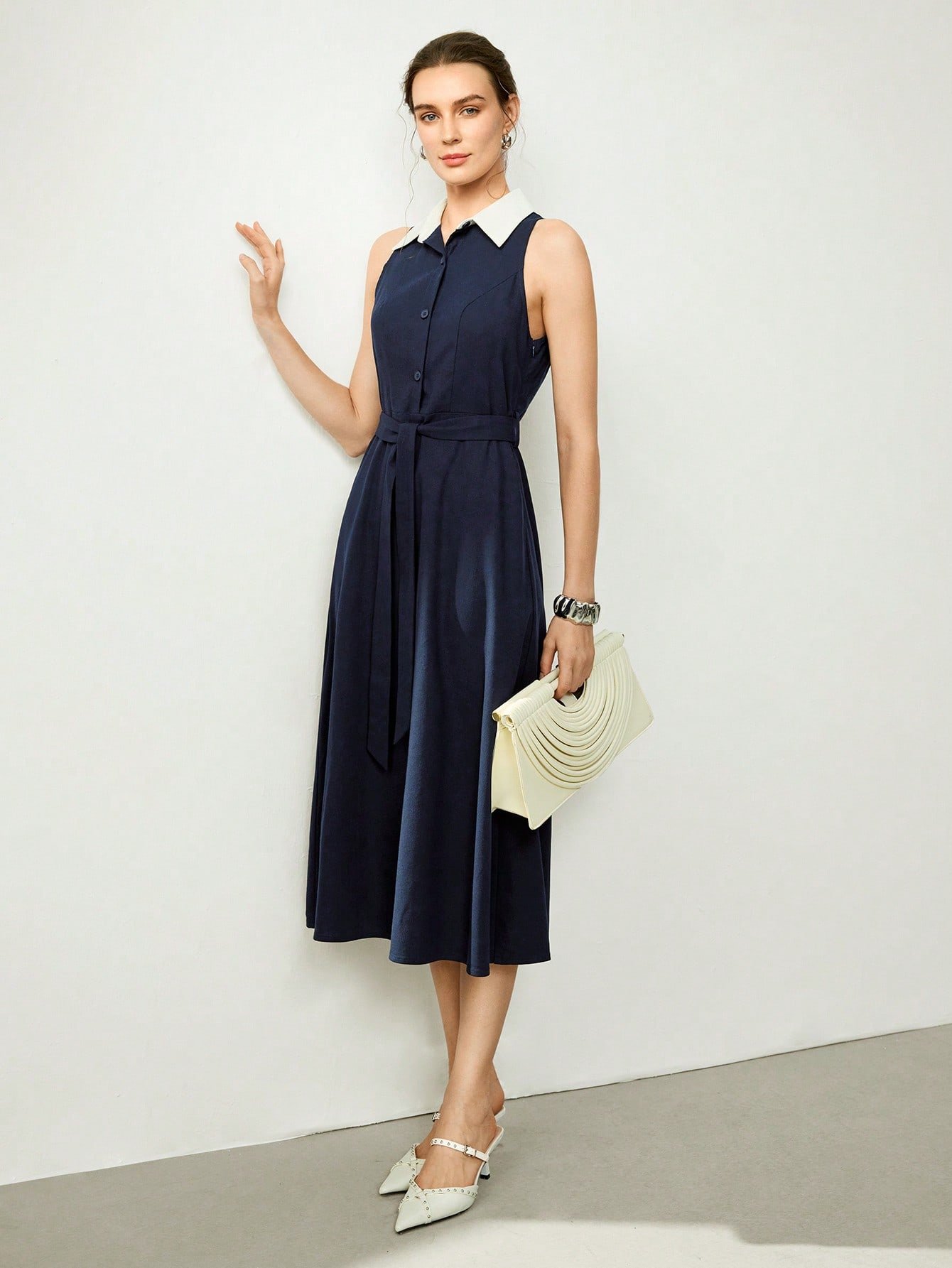 Dark Blue Linen A-Line Sleeveless Midi Dress