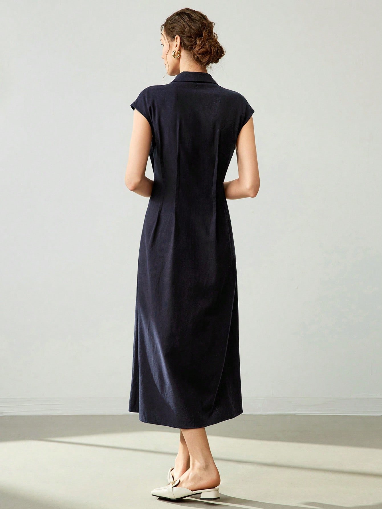 Dark Blue Sleeveless A-Line Linen Midi Dress