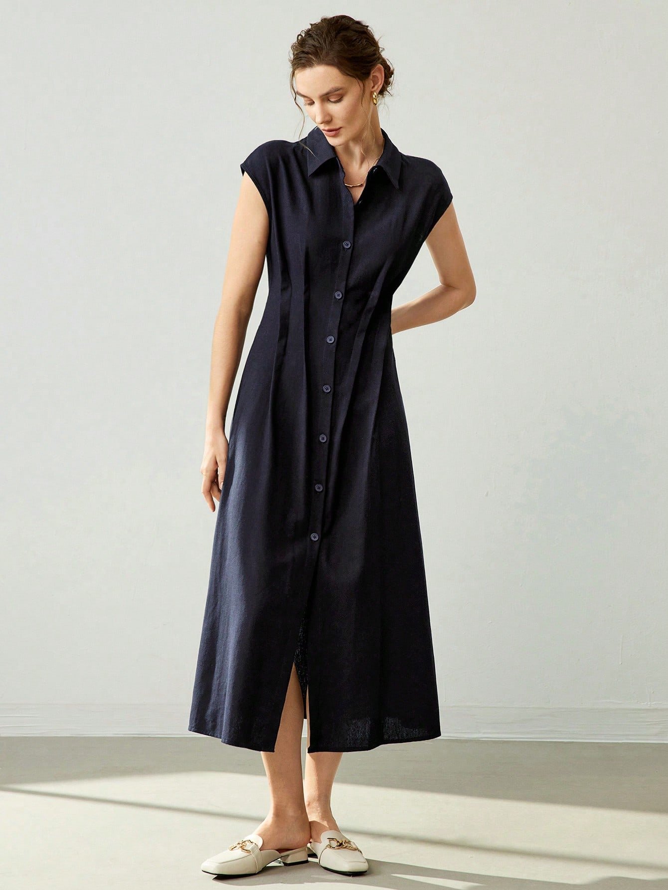 Dark Blue Sleeveless A-Line Linen Midi Dress