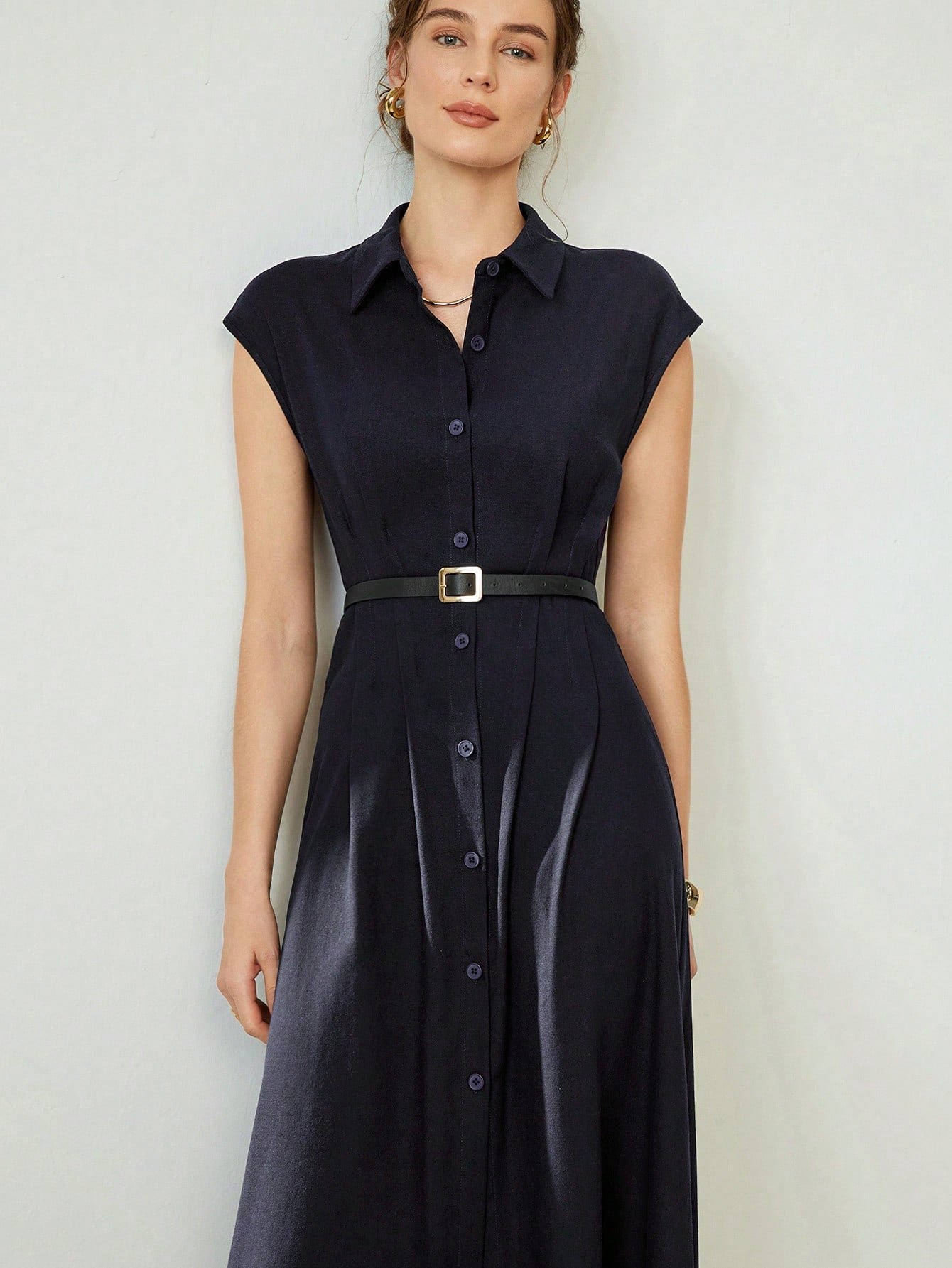 Dark Blue Sleeveless A-Line Linen Midi Dress
