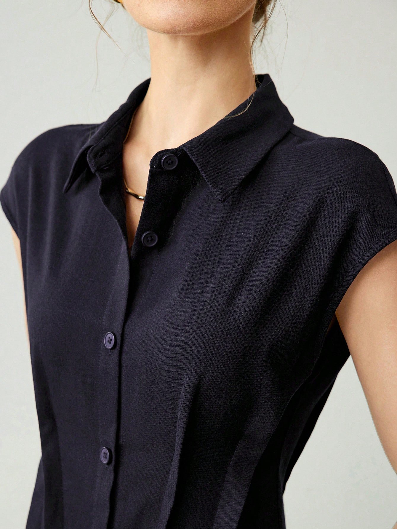 Dark Blue Sleeveless A-Line Linen Midi Dress