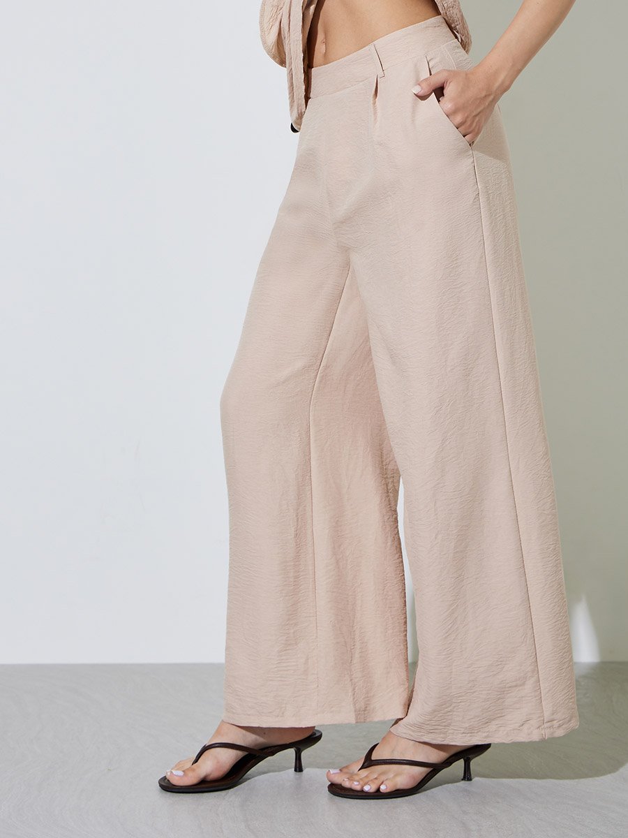 Beige Cowl Neck Tie-Cord Belt Blouse and Pants Co-ord Set