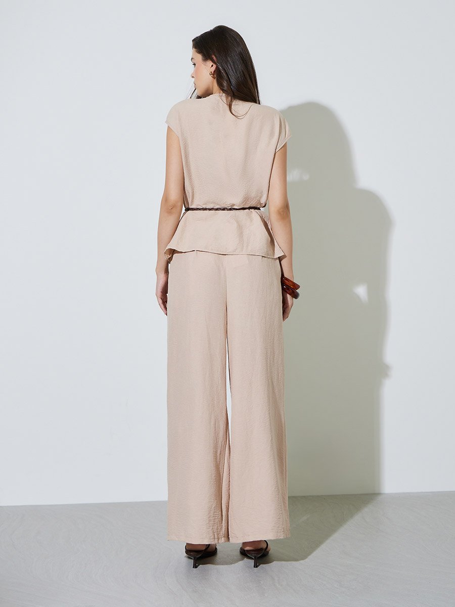 Beige Cowl Neck Tie-Cord Belt Blouse and Pants Co-ord Set