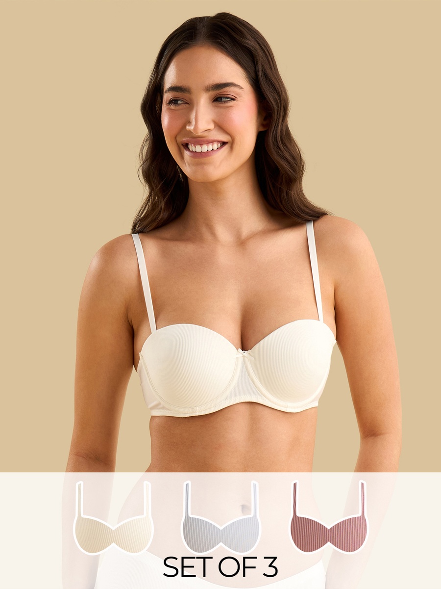 Pack of 3 - Ribbed Microfibre Push-Up Wired Balconette Bra